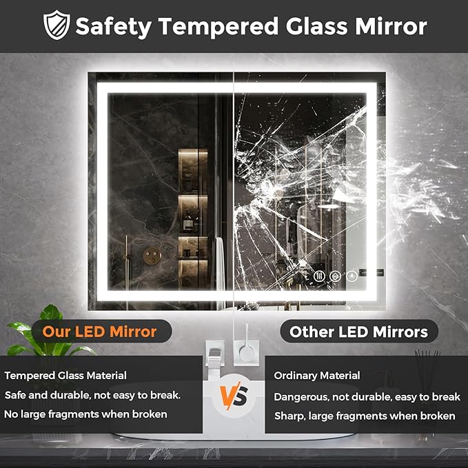 Koonmi 32x40 LED Bathroom Mirror, Backlit + Front Lit, LED Bathroom Mirror with Lights for Wall, 3 Colors, Anti-Fog, Dimmable Brightness, Memory Function, Tempered Glass