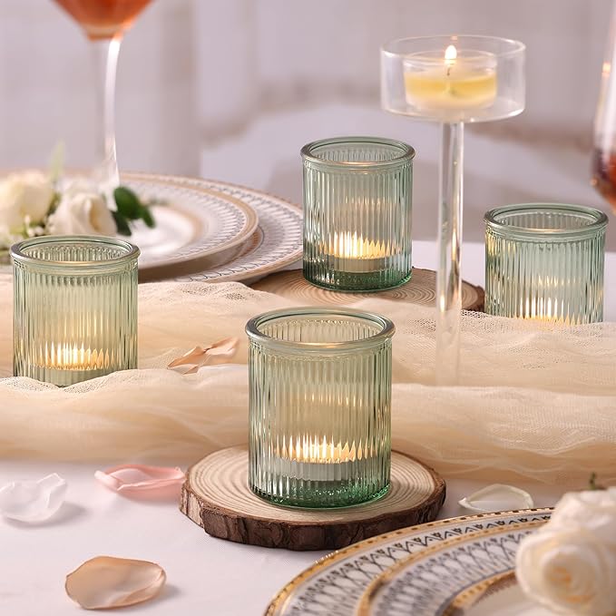 8Pcs Ribbed Green Votive Candle Holders, Tea Light Candle Holder Glass, Green Candle Holders for Table Centerpiece, Wedding, Bridal Shower and Tea Party Decorations