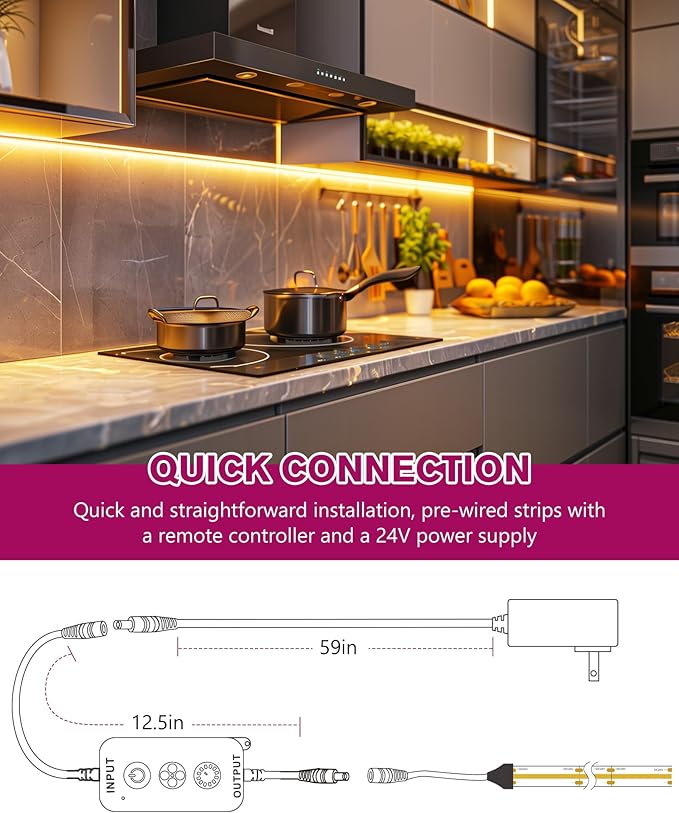 EMITEVER COB LED Strip Lights Kit Warm White with Remote & 24V Power Supply,16.4ft Dimmable Tape Light 2700K, High Density 2400LEDs, 300+LM/FT, CRI90+, Suitable for Bedroom Kitchen Cabinet Lighting