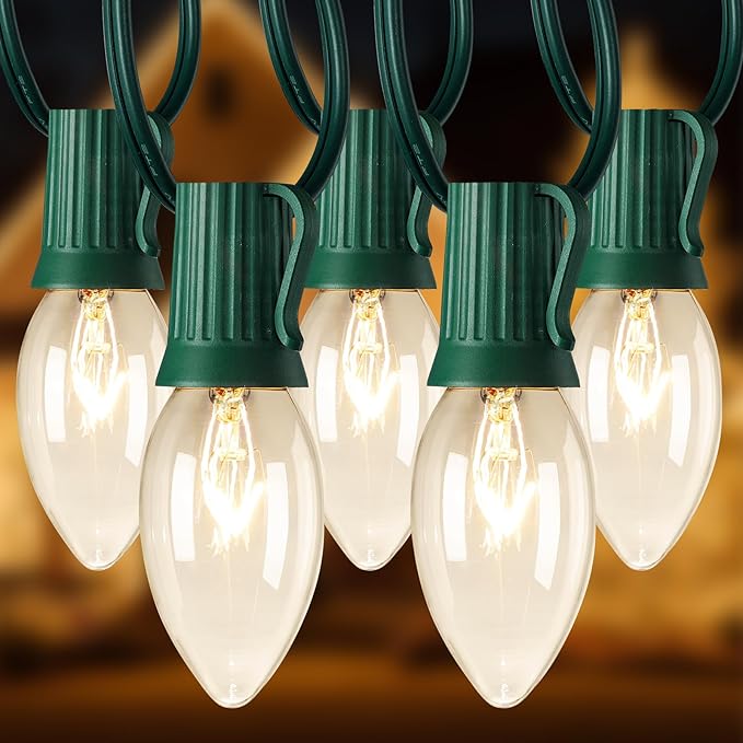 C9 Christmas String Lights Outdoor Christmas Tree Lights String - Hanging Christmas Roofline Lights - Patio Lights for Outdoor Decor (Clear Green Wire, 25FT)