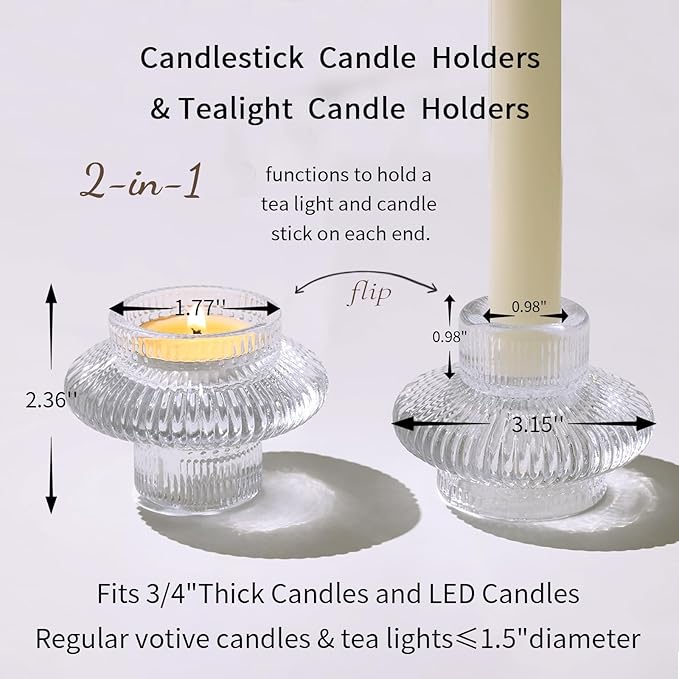 Candle Stick Candle Holder Set of 8, Taper Candle Holders for Wedding Table Centerpiece, Ribbed Glass Votive Candle Holders for Christmas, Romantic Dinner, Festival & Windowsill Decor
