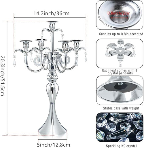 20.3'' Tall 5 Arm Silver Metal Candelabra Centerpiece for Table, Retro Table Centerpieces for Party, Events, Home, Wedding Decor (4)