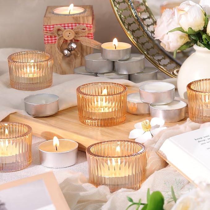 18 pcs Gold Tealight Candle Holders with 18PCS Tealights, Glass Votive Candle Holders Set for Table Centerpiece, Home Decor and Party Supplies