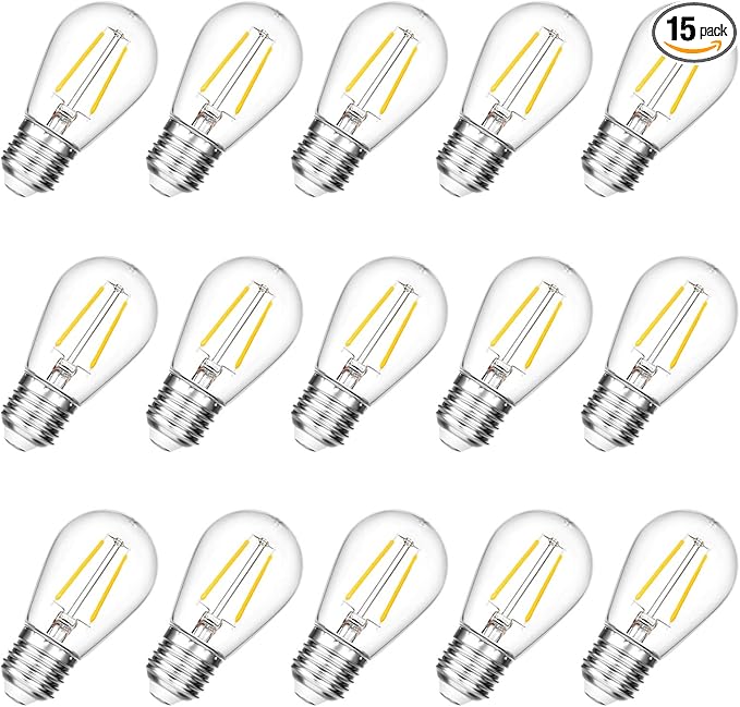 Shatterproof S14 Replacement LED Light Bulbs, 2W, Equivalent to 11-25 Watt, Warm White 2200K, Outdoor String Lights Vintage Edison Bulb, E26 Medium Base, 15-Pack