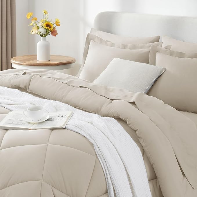 CozyLux California King Comforter Set Beige - Cal King Bed in a Bag 7 Pieces, Luxury Soft Bed Set for All Seasons, Bedding Set with Comforter, Sheets, Pillowcases & Shams