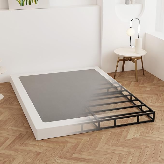 Cal King Box Spring 4 Inch Low Profile, Heavy Duty Metal Box Spring Bed Base with Fabric Cover, Mattress Foundation, Easy Assembly, Noise Free, Black