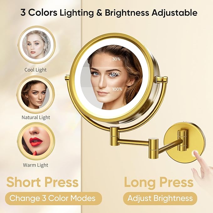 GURUN 8.5" Plug-in Magnifying Makeup Mirror with 3 Tones Dimmable LED Lights Double Sided Touch Control Wall Mounted Vanity Mirror for Bathroom with 10X Magnification M1809DGJ-T (Brushed Gold)
