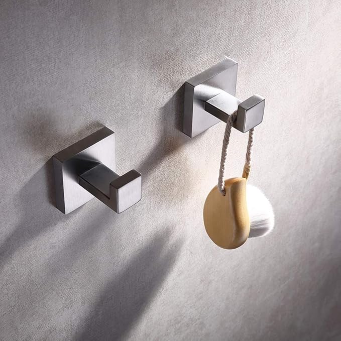 TASTOS Bath Towel Hooks Brushed Nickel, 2 Pack Stainless Steel Robe Coat and Clothes Hook, Heavy Duty Wall Hook for Bathroom & Kitchen, Modern Square Style Wall Mounted (Silver)