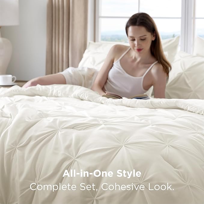 Bedsure Twin Comforter Set Ivory - Bed in a Bag Twin Size Bedding 5 Pieces, GentleSoft™ Pintuck Bed Set Gift for Family, Pinch Pleat Ivory Comforter with Sheets, Pillowcase & Sham