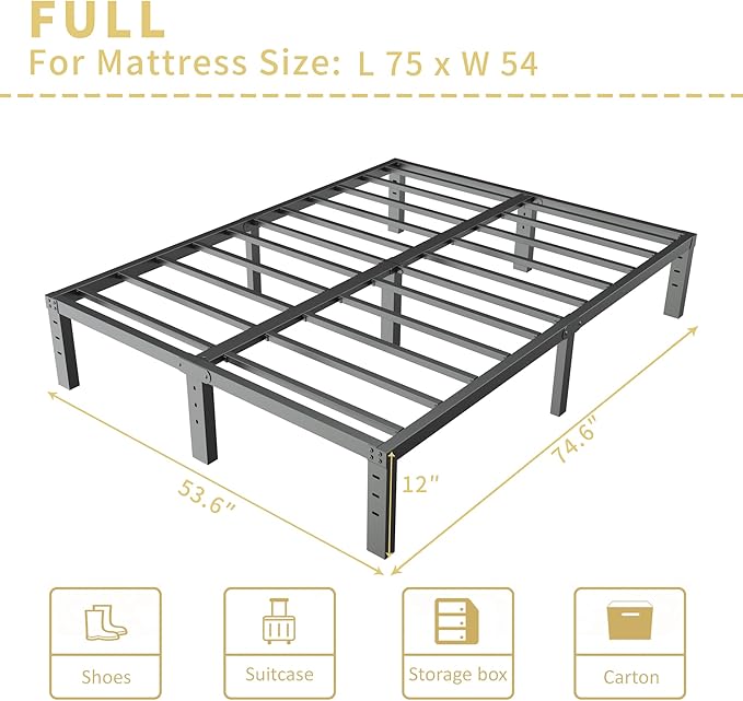 ALDRICH 12 Inch Metal Full Size Bed Frame - Double Black Basic Steel Slats Platform, Easy Assembly Heavy Duty Noise Free Bedframes, No Box Spring Needed