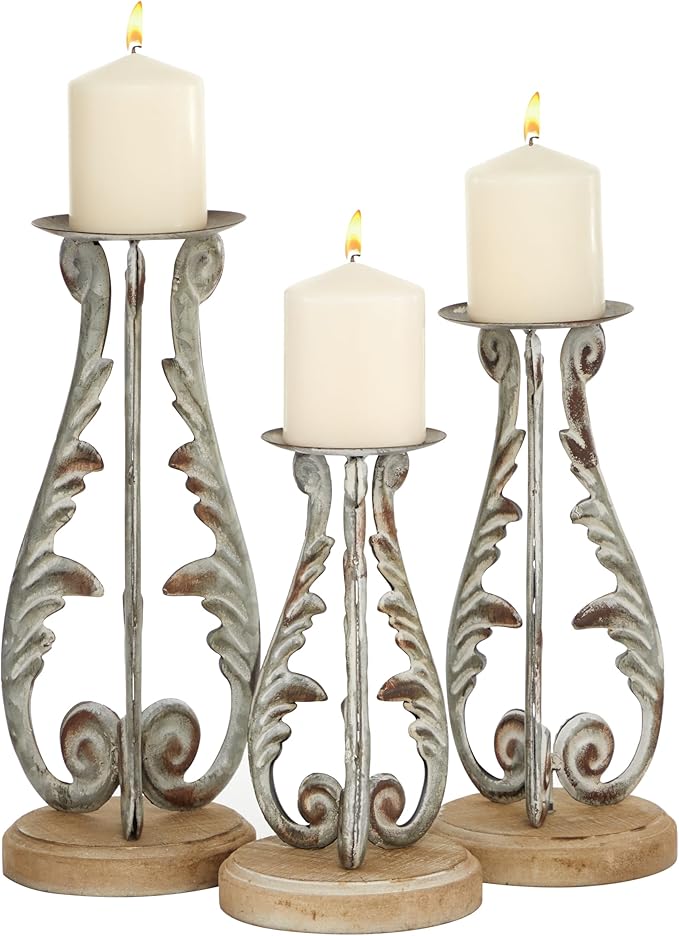 Deco 79 Metal Solid Candle Holder, Set of 3 14", 12", 10"H, Silver