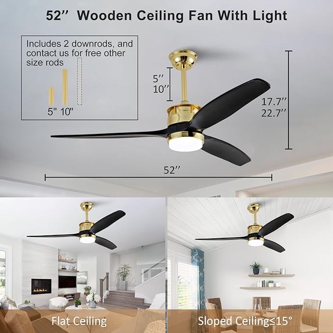 BOJUE 52 Inch Black Gold Ceiling Fans with Lights and Remote, Reversible Quite DC Motor,6 Speeds with Memory Program,Modern Farmhouse Wood Ceiling Fan with Light for Living Room Patio