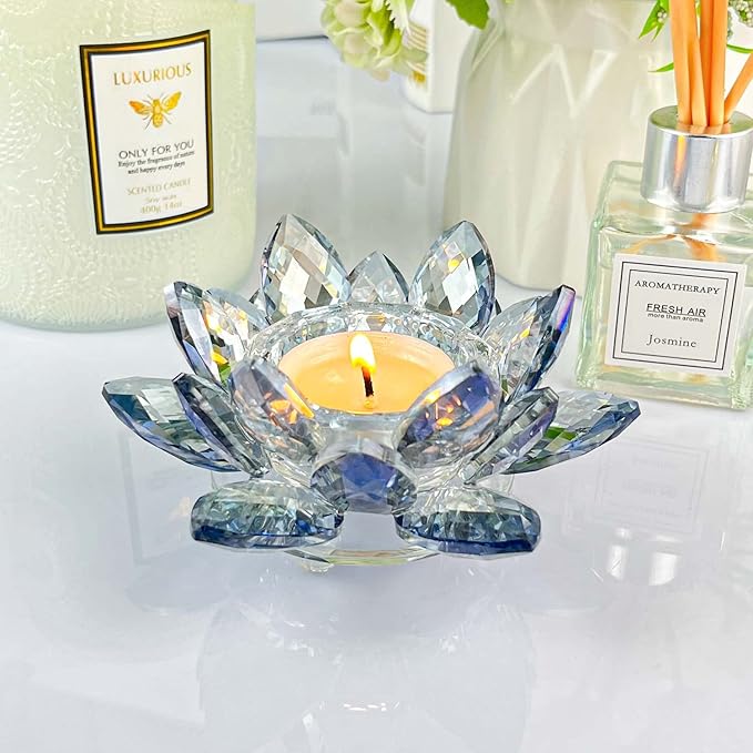 Crystal Lotus Flower Tealight Candle Holders/Glass Tea Light Candlestick Decor Decoration for Christmas Home Wedding Party… (Blue 2pcs)