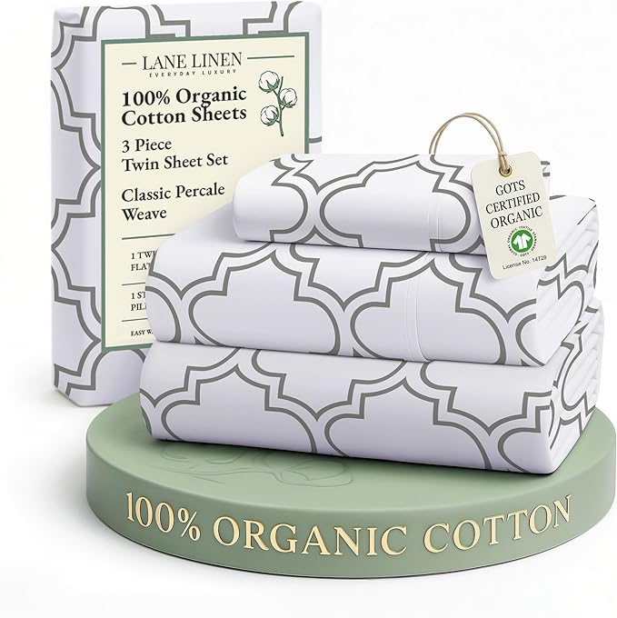 LANE LINEN Eco Friendly 100% Organic Cotton Printed Twin Sheet Set, Soft & Comfy Hotel Style Percale Sheets, Low Pilling Naturally Temperature Regulating Cotton Printed Bed Sheet - Trellis Pattern