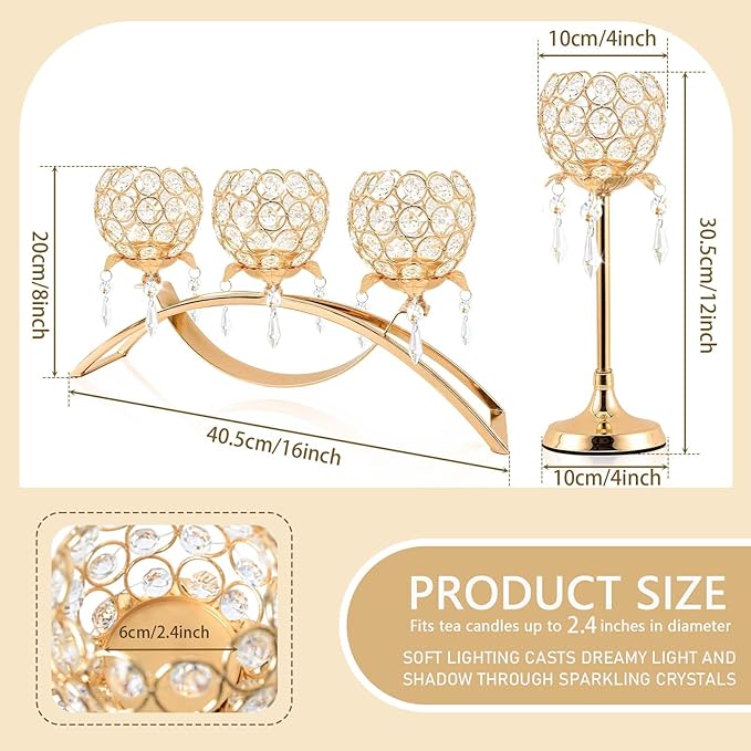 Set of 3 Gold Crystal Tea Light Candlestick Holders Flower Shape with Crystal Pendant Bowl Votive Metal Candle Holder for Table Centerpieces Wedding Home Decor (Set of 3, Gold)