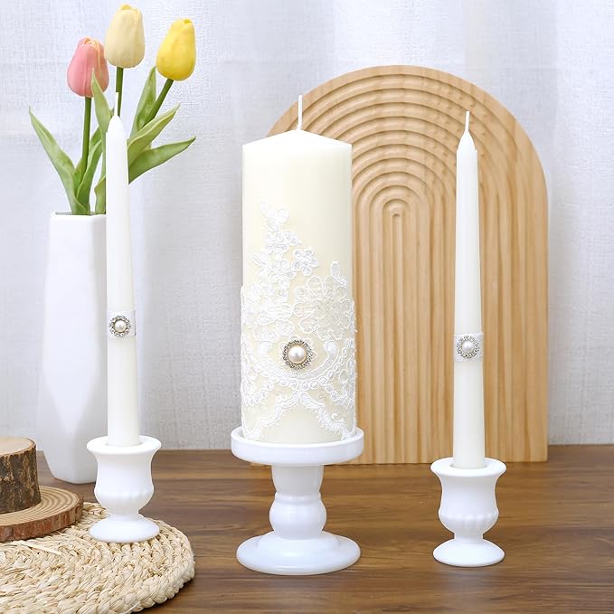 White Unity Candle Holder - Glass Candle Holders for Pillar Candles Taper Candles, Glass Candlestick Holders Set of 3, Decorative Clear Glass Candlestick Holder for Wedding Church Centerpiece