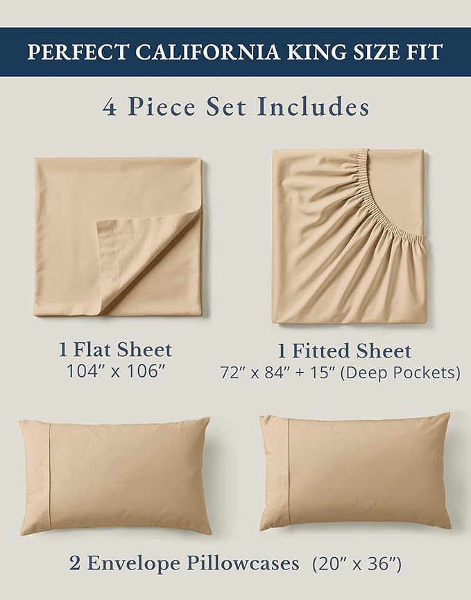 LANE LINEN 100% Organic Cotton Fully Elasticized California King Sheet Set, Low Pilling Fade Resistant Machine Washable Naturally Cooling Cal King Bedding Set, Soft & Comfy Cotton Sheets – Linen