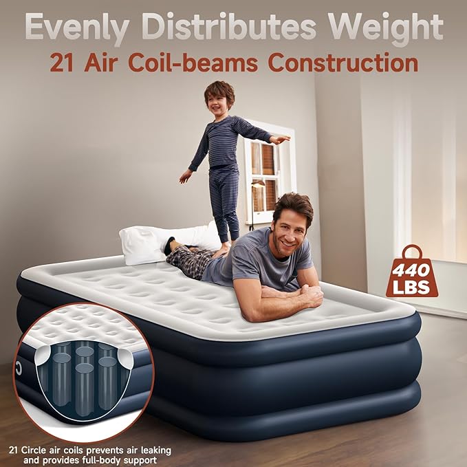 Twin Air Mattress with Built in Pump, 18 Raised Thick Inflatable Bed, 440lb Comfort Support, Inflatable Blow Up Mattress with Carry Bag for Camping, Fast Self-Inflating Air Bed for Guest&Home