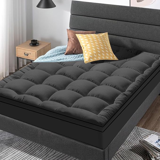 California King Mattress Topper for Back Pain, Cooling Extra Thick Mattress Pad Cover with 8-21 inch Deep Pocket, Plush Pillow Top Mattress Topper Overfilled with Down Alternative,Cal King,Black