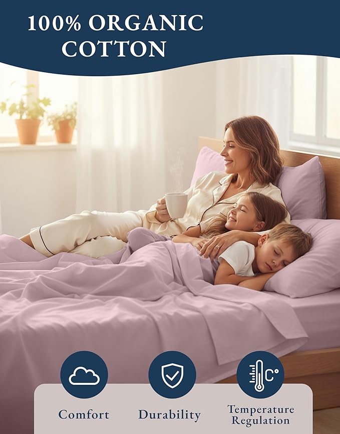 LANE LINEN Eco Friendly 100% Organic Cotton Twin Sheet Set, Hotel Quality Premium Bedding Sheets & Pillowcases Set Twin Size, Soft & Comfy Percale Sheets, Machine Wash Bed Sheets- Sepia Rose