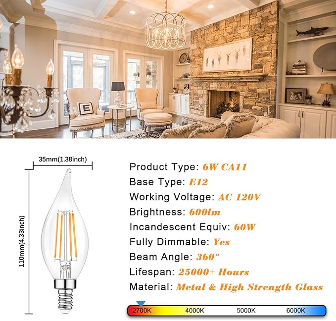 Dimmable E12 Candelabra LED Bulbs 60 Watt Incandescent Equivalent, 2700K Warm White, Clear Filament LED Chandelier Light Bulbs 6W, 600lm, CA11 Vintage Ceiling Fan Light Bulb with Flame Tip, 12-Pack