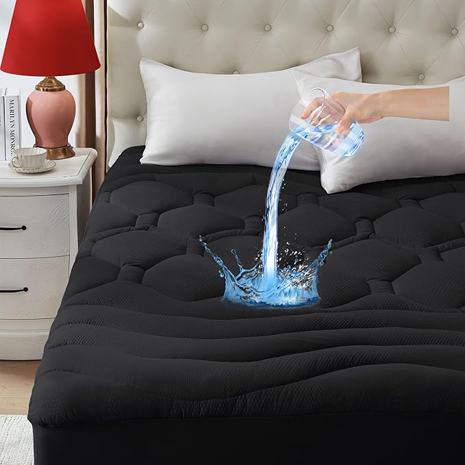 Twin XL Mattress Pad Waterproof, Soft Cooling Mattress Topper for College Dorm, Extra Long Twin Mattress Cover Protector Washable, Deep Pocket 8-21" (39x80 inch, Black)