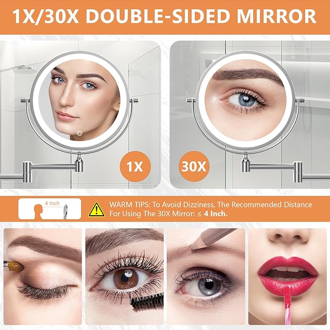 Auxmir 1X/30X Wall Mounted Makeup Mirror with Light, 8" Rechargeable Double-Sided Magnifying Mirror, Vanity Mirror Dimmable 3 Color Light, 360° Extension Rotation Foldable 14.5 Inch Arm, Chrome