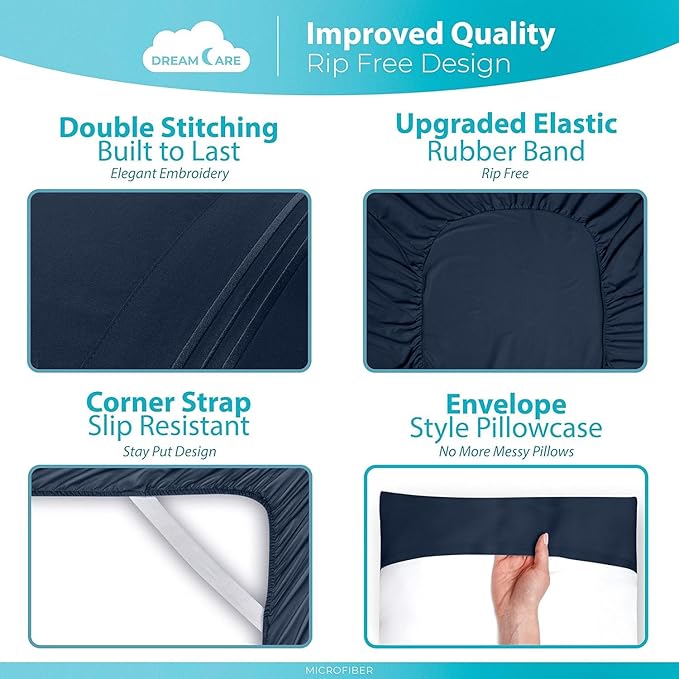 DREAMCARE Twin XL Sheet Sets – 3pcs Cooling Sheets – up to 21” Extra Deep Pocket Twin XL Sheets Set – Hotel Luxury Sheets & Pillowcases – Superior Softness 100% Fine Microfiber with Side Pocket –NBlue