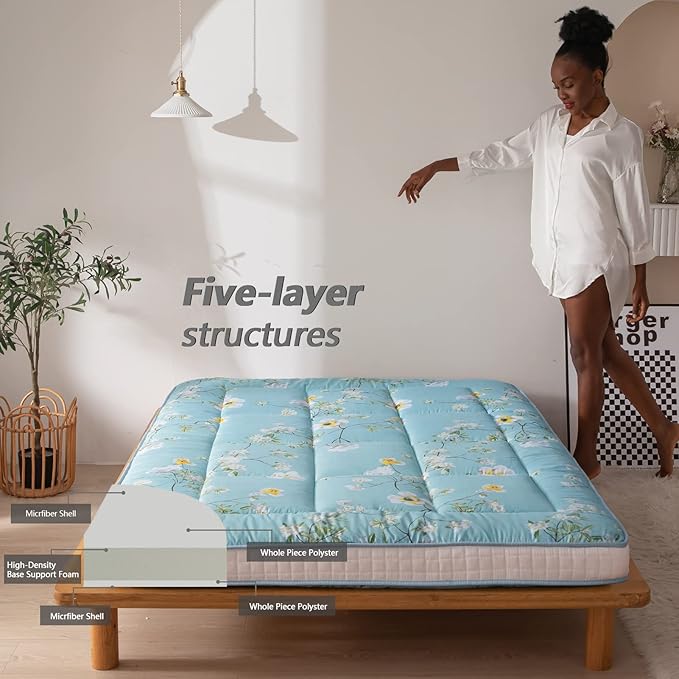 MAXYOYO Rustic Floral Korean Futon Mattress, Padded Japanese Floor Mattress Quilted Bed Mattress Topper, Extra Thick Folding Sleeping Pad Breathable Floor Lounger Guest Bed for Camping Couch, Twin