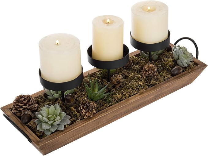 MyGift 3-Pillar Black Metal Candle Holder with Rustic Wood Tray and Handles, Tabletop/Mantel Centerpiece