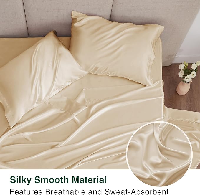 Love's cabin Satin King Sheet Sets - 4 Piece Beige Silky Sheets King Size Bed Set with Deep Pocket, Luxury Silk Feel King Size Satin Sheet Set (1 Flat Sheet,1 Fitted Sheet,2 Pillow Cases)