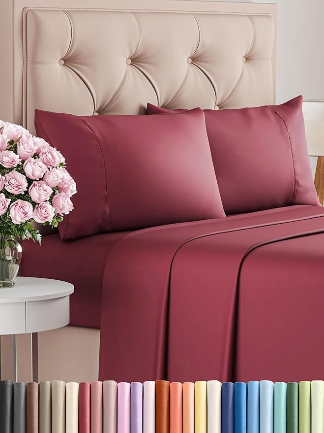 Twin XL 4 Piece Sheet Set - Comfy Breathable & Cooling - Ultra-Soft Hotel Luxury Bedding Set w/ 8-16 Inch Deep Pockets - 1 Flat & 1 Fitted Sheet & 2 Pillowcases - Wrinkle Free & Easy Care - Burgundy
