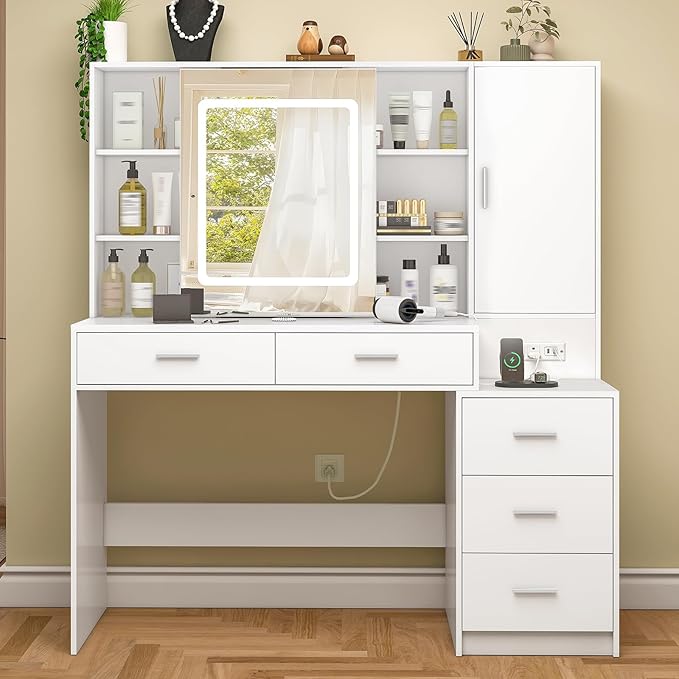 Quimoo Vanity Desk with Lighted Mirror and Power Outlet, Makeup Vanity Desk with 5 Drawers and Cabinet, Hidden and Open Shelves, White Vanity Table Set with 3 Color Lighting