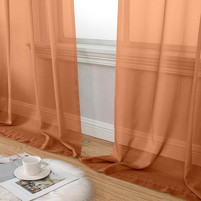 Aiyufeng Orange Sheer Curtains 54 Inch Length 2 Panels Set, Light Filtering Airy Rod Pocket Orange Window Curtain Treatment Drapes for Kitchen Bedroom Living, Each 42Wx54L Inches
