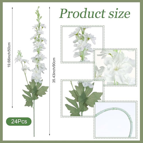 24 Pcs White Delphinium Artificial Flower 35.4'' Long Larkspur Stem White Fake Faux Silk Flowers Bulk for Tall Vase Floral Arrangements Home Centerpiece Table Wedding Decor