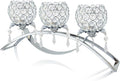 Set of 3 Gold Crystal Tea Light Candlestick Holders Flower Shape with Crystal Pendant Bowl Votive Metal Candle Holder for Table Centerpieces Wedding Home Decor (Silver, 3 arm)