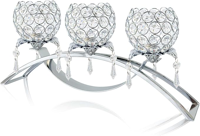 Set of 3 Gold Crystal Tea Light Candlestick Holders Flower Shape with Crystal Pendant Bowl Votive Metal Candle Holder for Table Centerpieces Wedding Home Decor (Silver, 3 arm)