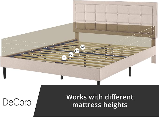 Decoro Mornington Upholstered 2.0 Platform Bed, Button-Tufted Fabric Headboard and Metal Frame with Wood Slat Support, Linen, King