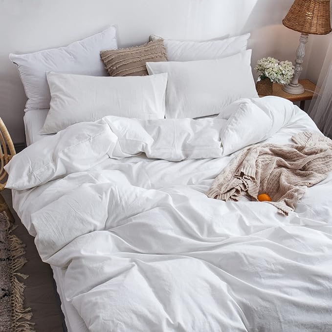 MooMee Bedding Duvet Cover Set 100% Washed Cotton Linen Like Textured Breathable Durable Soft Comfy (Solid Off White, Oversized King Plus 128"x120")