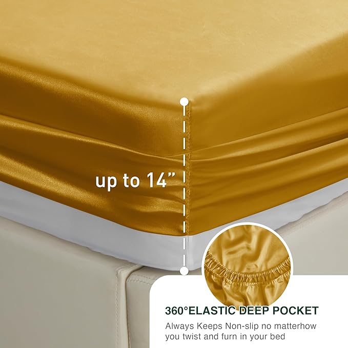 Love's cabin 4Piece California King Satin Bed Linen Set, Gold Silky Satin Sheets, Deep Pocket, Luxury Silk Feel, 1 Flat, 1 Fitted Sheet, 2 Pillow Cases