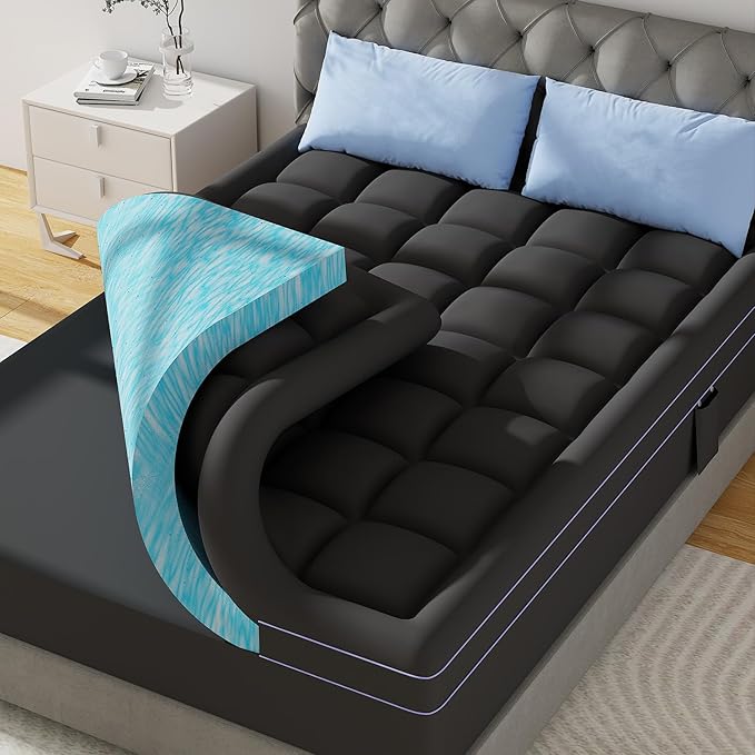 ABENE 3 Inch Dual Layer Full Memory Foam Mattress Topper, 2 Inch Memory Foam Plus 1 Inch Down Alternative Pillowtop Mattress Pad with Deep Pocket, Soft Support for Pressure Relief, Black