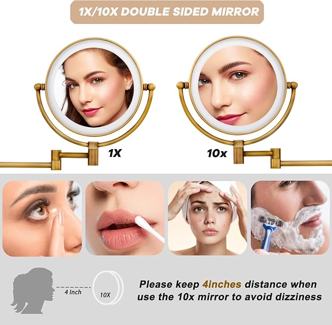 Wall Mounted Makeup Mirror with Light and Magnification, 7W Higher Brightness and Dimmable 1X/10X Double Sided Wall Magnified Mirror, Extending Vanity Mirror for Bathroom, Antique Brass Direct Wire