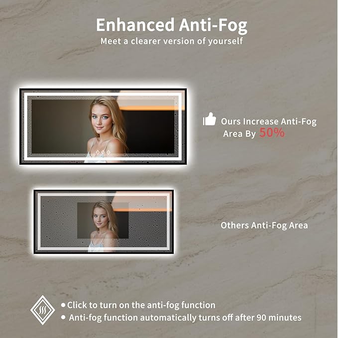Bathroom Mirrors for Wall, 72x32 Inch Black Framed Gradient Front and Backlit Smart Mirror, 3 Colors Dimmable CRI>90, IP54 Enhanced Anti-Fog Wall Mounted Bathroom Mirror Frame