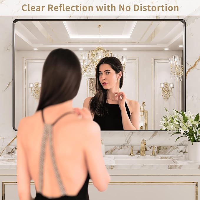 LOAAO 48X40 Inch Black Metal Framed Bathroom Mirror for Wall, Matte Black Bathroom Vanity Mirror Farmhouse, Large Rounded Rectangle Mirror, Anti-Rust, Tempered Glass, Hangs Horizontally or Vertically
