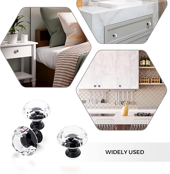 Ravinte 30 Pack Crystal Knobs for Dresser Drawers - 30 mm Glass Cabinet Diamond Shaped Knobs With Black Base
