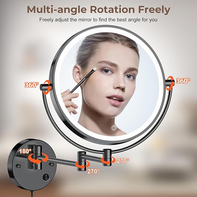 Rocollos 9" Plug-in Wall Mounted Lighted Makeup Mirror 1X/10X Magnification, Super Large Double Sided LED Vanity Mirror for Bathroom (Black)