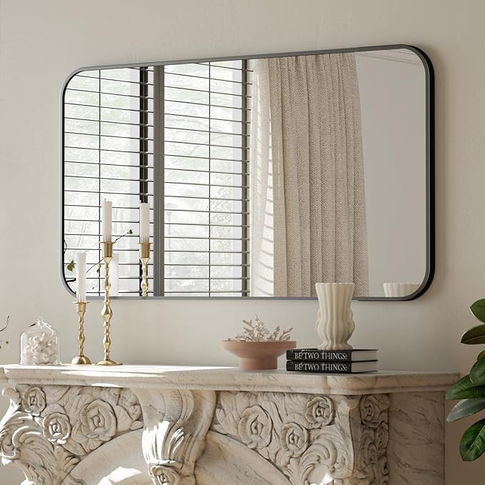 BEAUTYPEAK Black Rectangular Bathroom Mirror - 30" x 48" Wall Mounted Aluminum Alloy Frame Mirror with Rounded Corners for Bedroom Living Room, Horizontal or Vertical