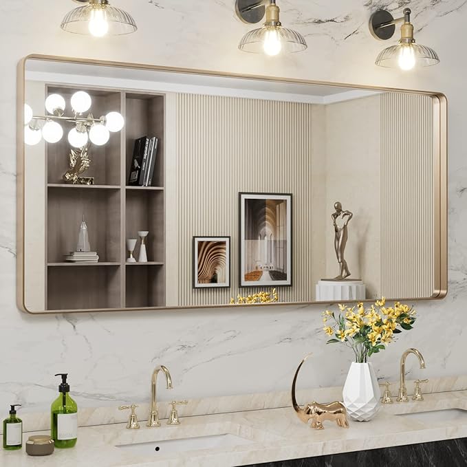 LOAAO 60”X28” Gold Bathroom Mirror, Rounded Rectangle Gold Frame Mirror, Brushed Gold Bathroom Vanity Mirror Wall-Mounted, Anti-Rust, Tempered Glass, Hangs Horizontally or Vertically