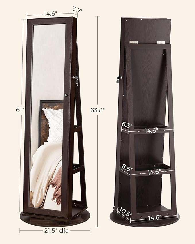 SONGMICS 360° Swivel Jewelry Cabinet, Lockable Jewelry Organizer with Full-Length Mirror, Rear Storage Shelves, Interior Mirror, Jewelry Armoire, Christmas Gifts for Women, Gift Idea, Brown UJJC006R01