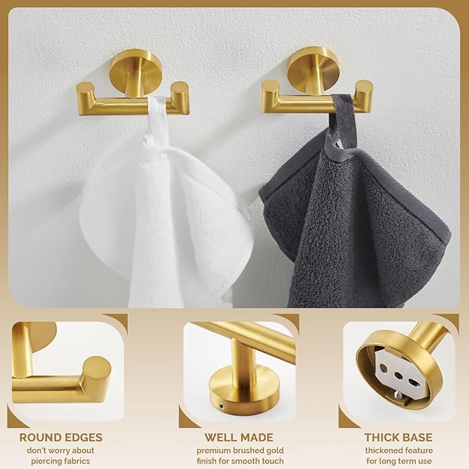Angle Simple Towel Double Hook Brushed Gold 2 PCS, SUS304 Stainless Steel Bathroom Hand Towel Holder, Double Robe Hook, Wall Mount